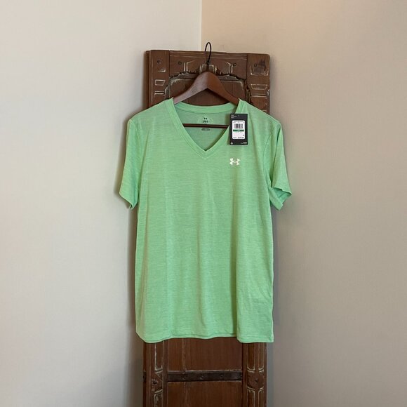 Under Armour V-Neck T-Shirt HeatGear - Lime Green - Loose Fit - NWT - Large - Picture 2 of 9